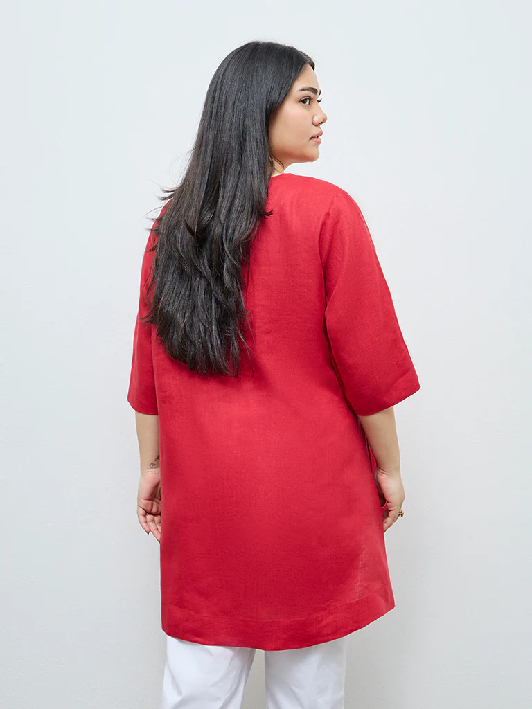 Diza Red Floral Embroidered Linen Tunic - Image 4