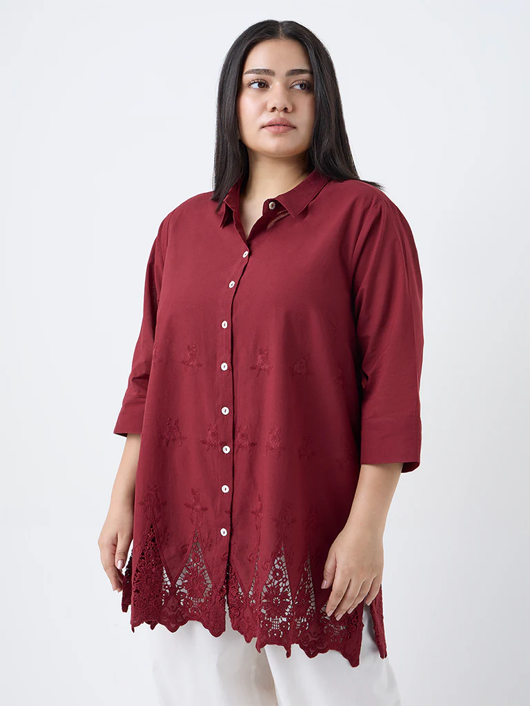 Diza Red Floral Lace Detailed Cotton Tunic - Image 2