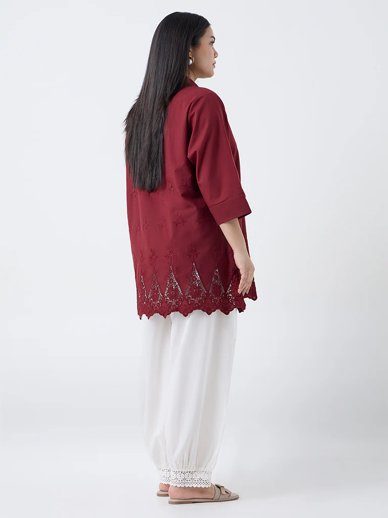 Diza Red Floral Lace Detailed Cotton Tunic - Image 4