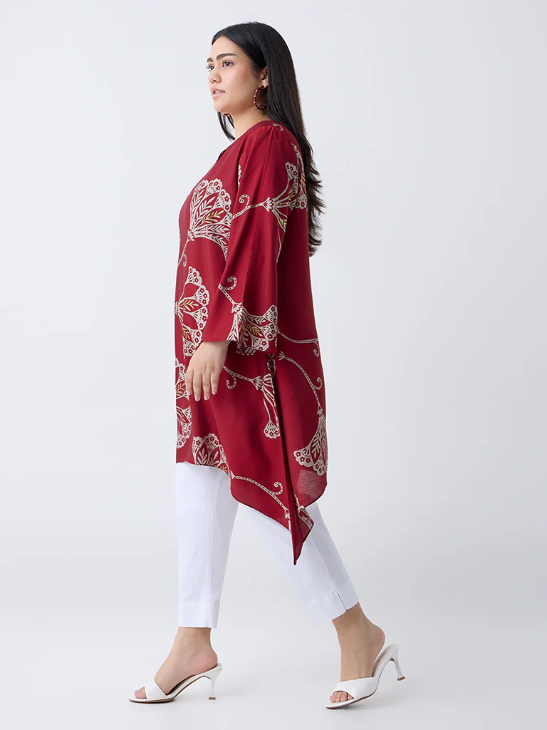 Diza Red Floral Pattern A-Line Kurta - Image 2