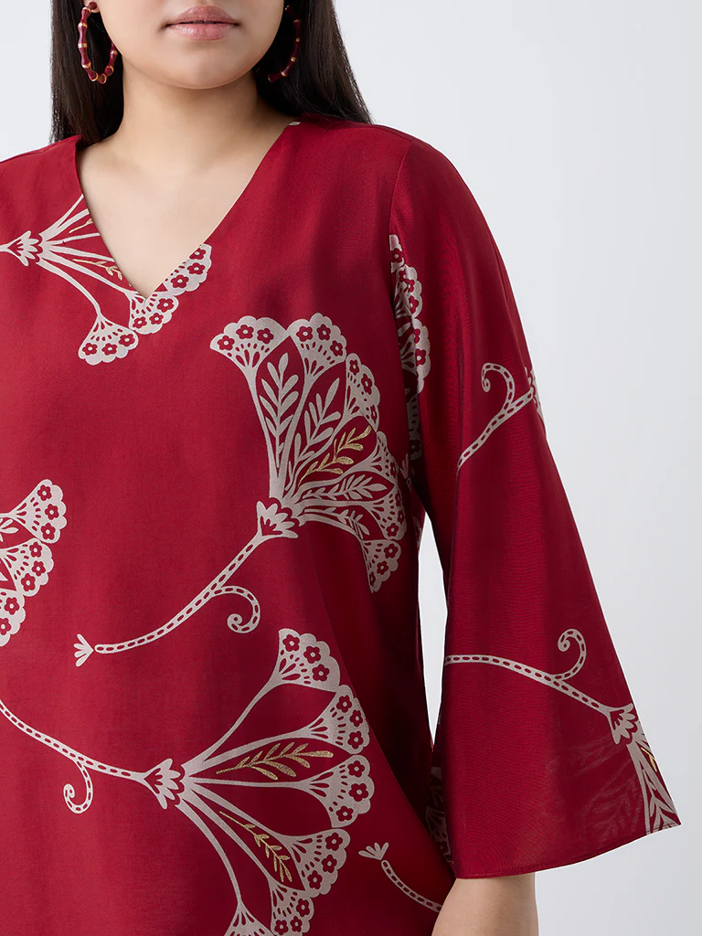 Diza Red Floral Pattern A-Line Kurta - Image 3