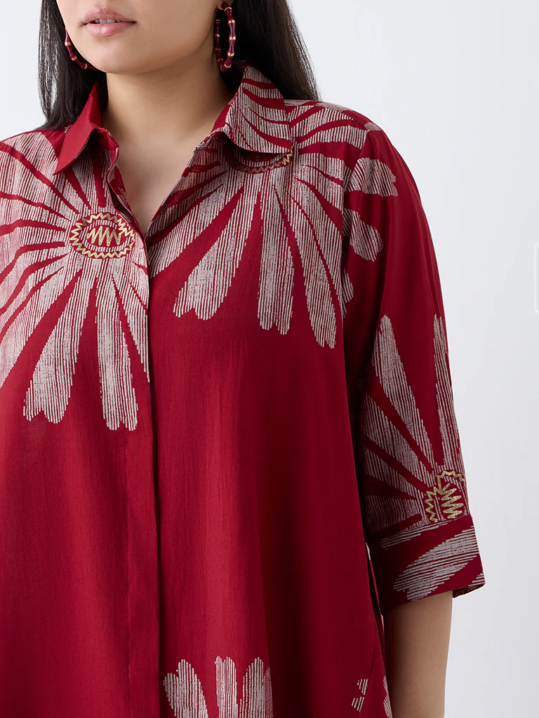 Diza Red Floral Printed Asymmetric Tunic - Image 3