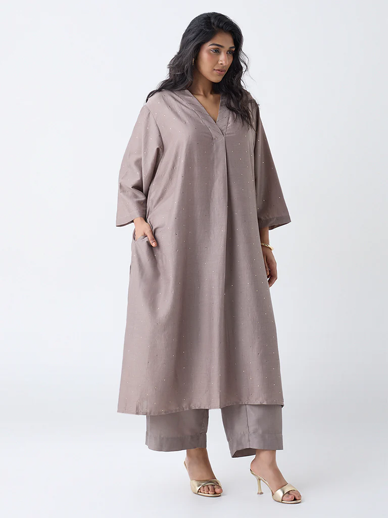 Diza Taupe Embellished A-Line Kurta - Image 2