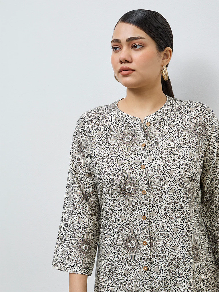Diza Taupe Floral Design A-Line Kurta - Image 3
