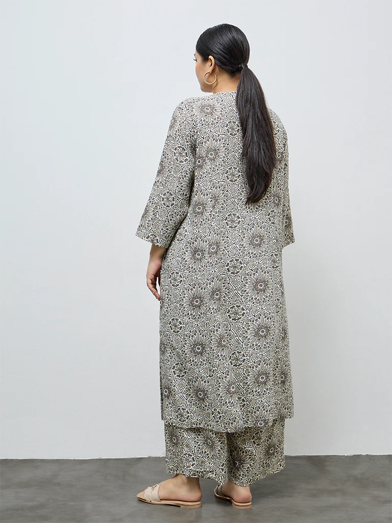 Diza Taupe Floral Design A-Line Kurta - Image 4