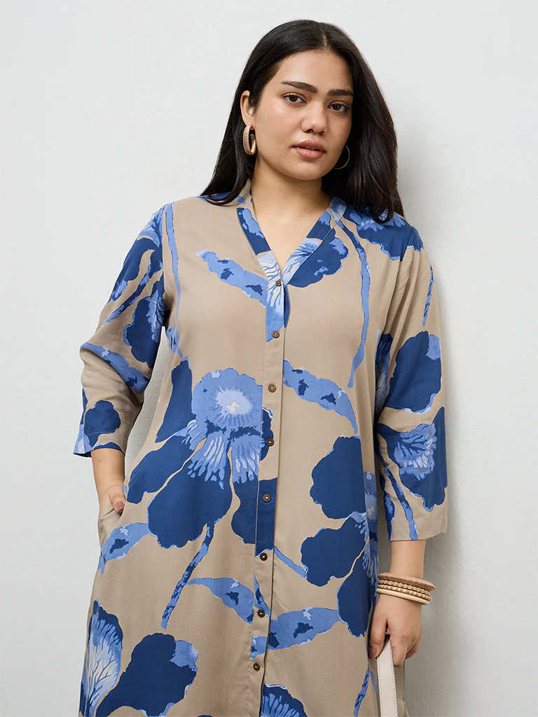 Diza Taupe Foliage Printed A-Line Kurta - Image 3