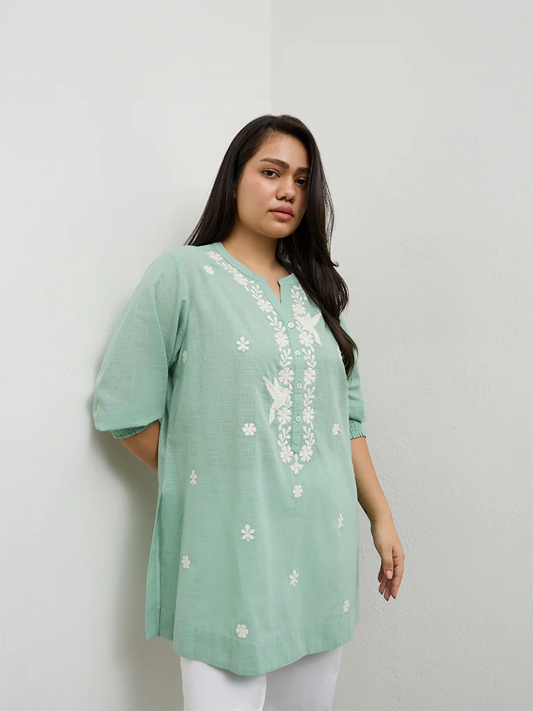 Diza Turquoise Embroidered Cotton Tunic - Image 2