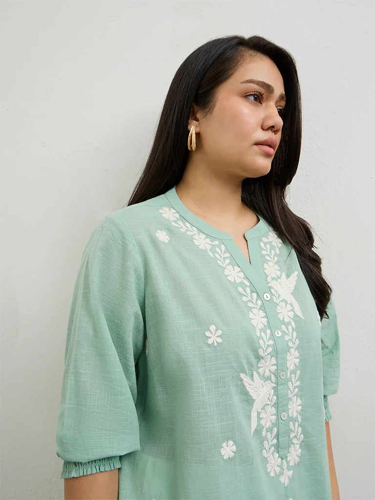 Diza Turquoise Embroidered Cotton Tunic - Image 3