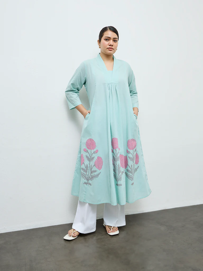 Diza Turquoise Floral Printed Cotton A-Line Kurta - Image 2