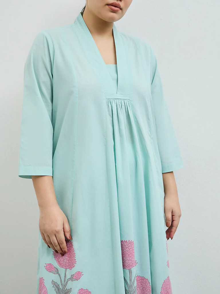 Diza Turquoise Floral Printed Cotton A-Line Kurta - Image 3