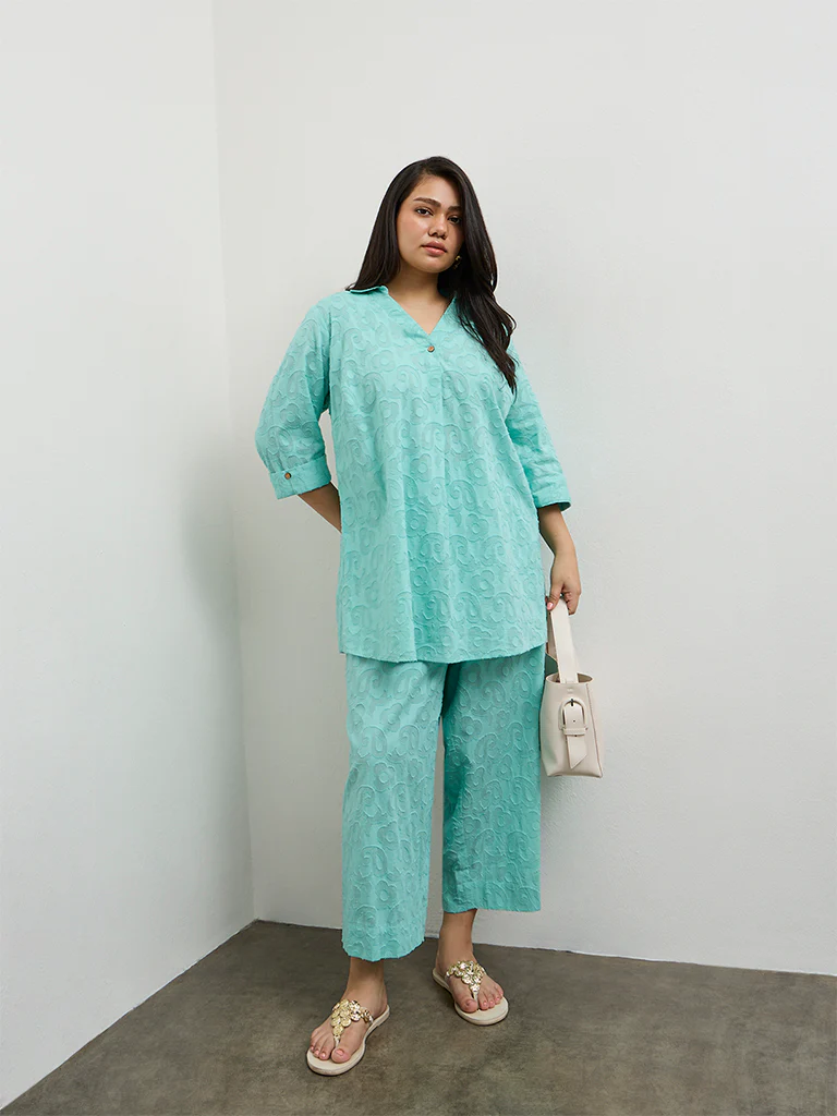 Diza Turquoise Paisley Textured Pants - Image 2