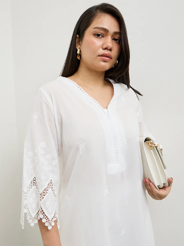 Diza White Embroidered A-Line Cotton Kurta - Image 3