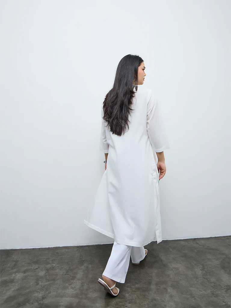 Diza White Embroidered Cotton A-Line Kurta - Image 4