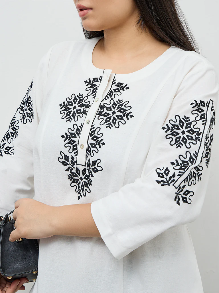 Diza White Embroidered Cotton A-Line Kurta - Image 3