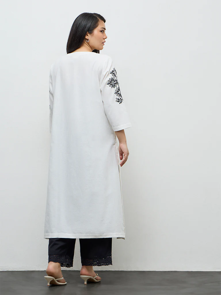 Diza White Embroidered Cotton A-Line Kurta - Image 4