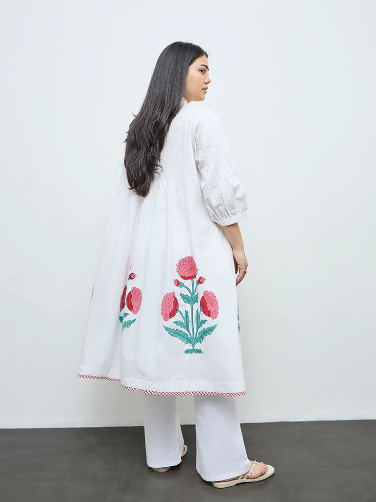 Diza White Floral Cotton A-Line Kurta - Image 4