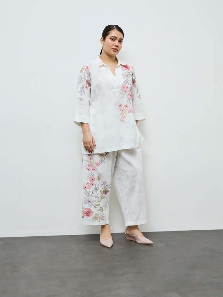 Diza White Floral Design Cotton-Blend Pants - Image 2