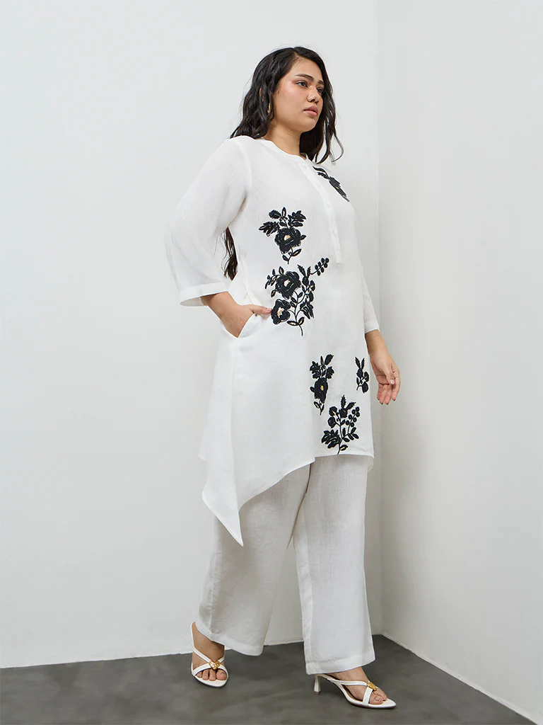 Diza White Floral Embroidered A-Line Linen Kurta - Image 2