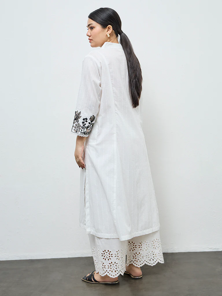 Diza White Floral Embroidered Cotton A-Line Kurta - Image 4