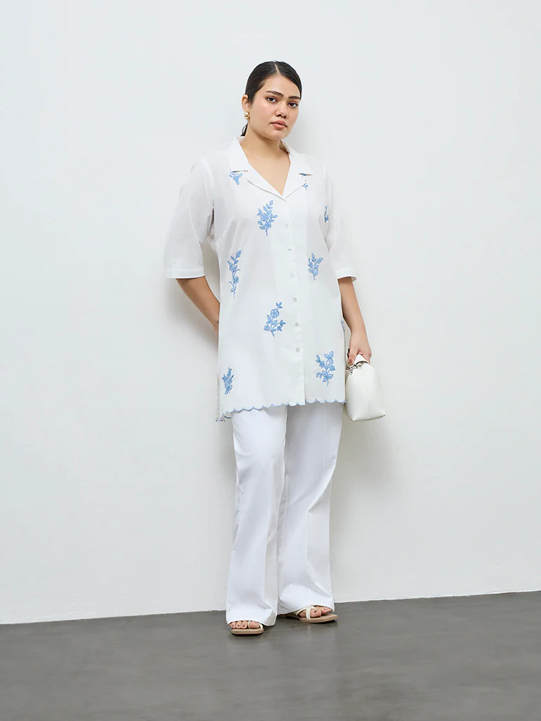 Diza White Floral Embroidered Cotton-Blend Tunic - Image 2