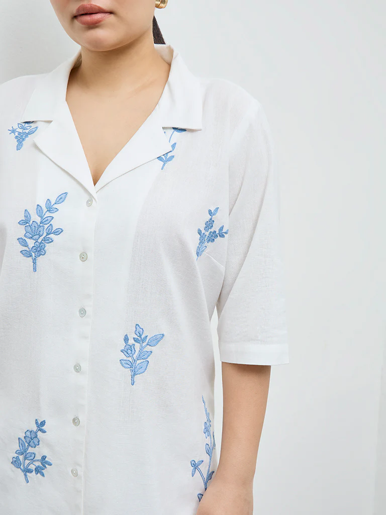 Diza White Floral Embroidered Cotton-Blend Tunic - Image 3