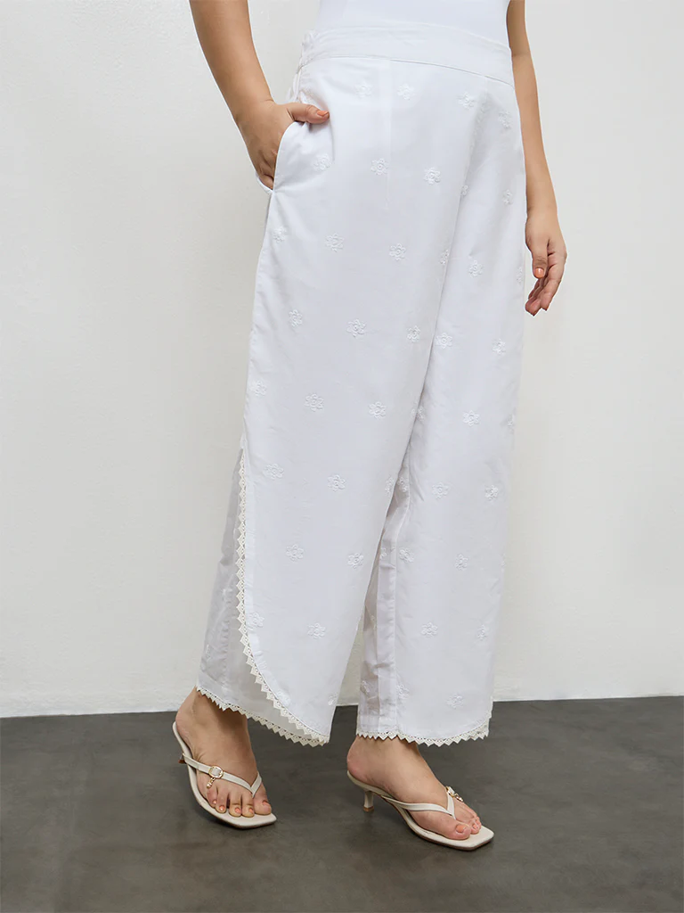 Diza White Floral Embroidered Cotton Pants