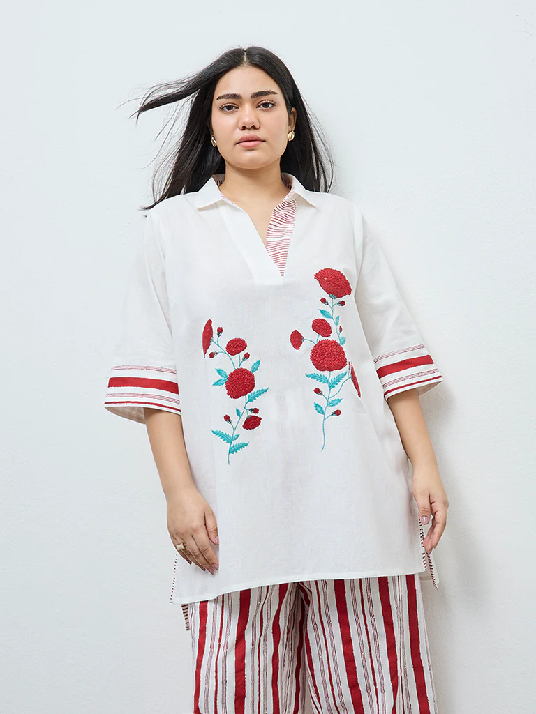 Diza White Floral Embroidered Cotton Tunic