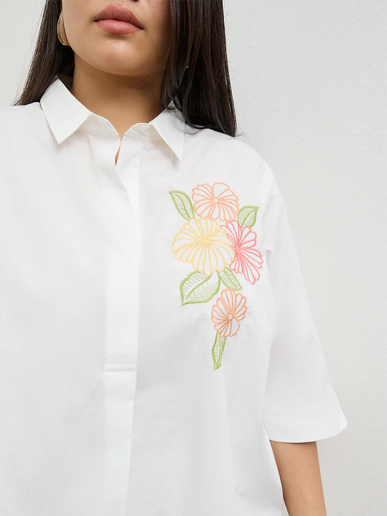 Diza White Floral Embroidered Cotton Tunic - Image 3