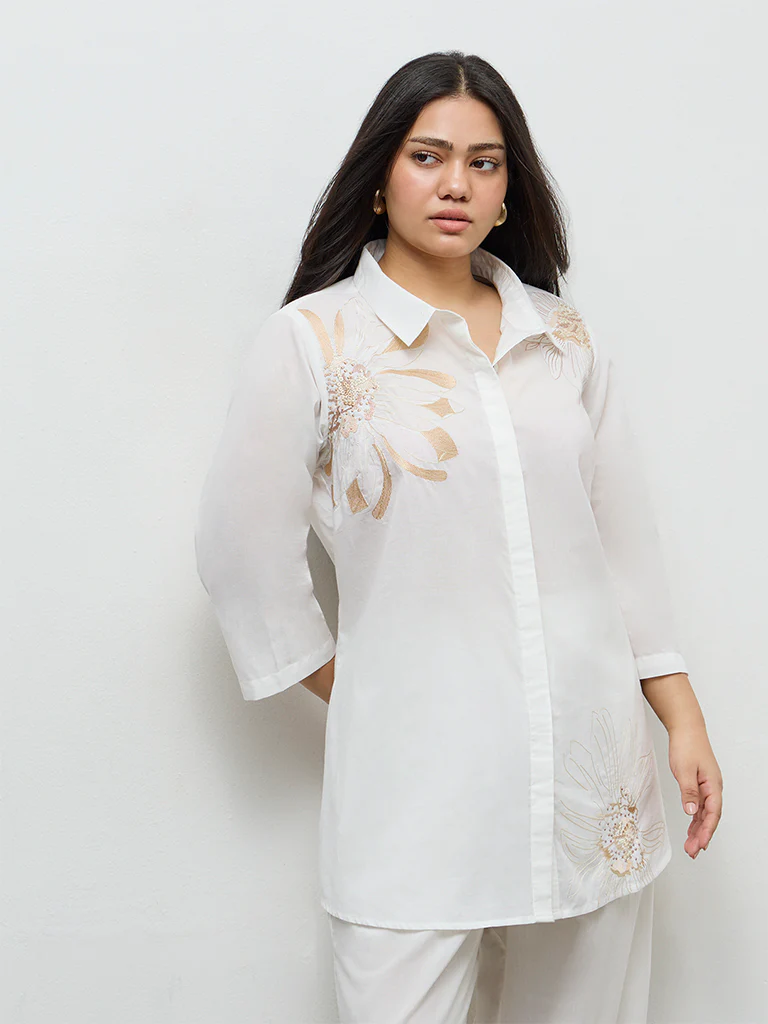 Diza White Floral Embroidered Cotton Tunic