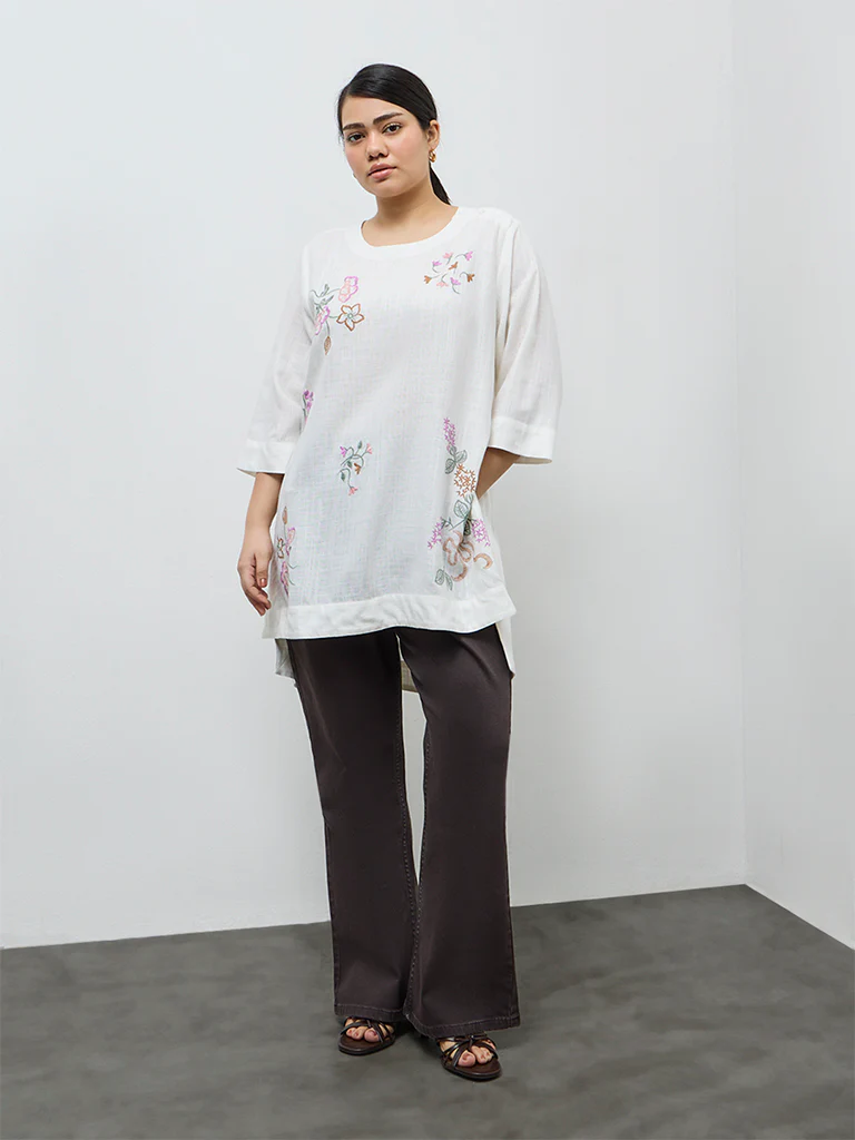 Diza White Floral Embroidered High-Low Tunic - Image 2