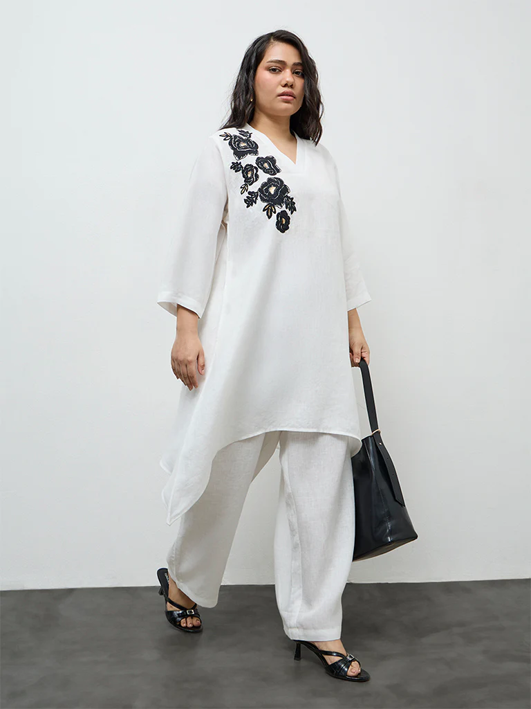 Diza White Floral Embroidered Linen A-Line Kurta - Image 2
