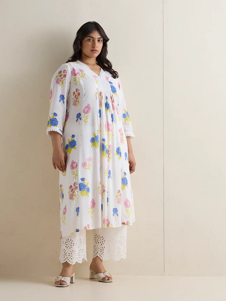Diza White Floral Pattern A-Line Kurta - Image 2