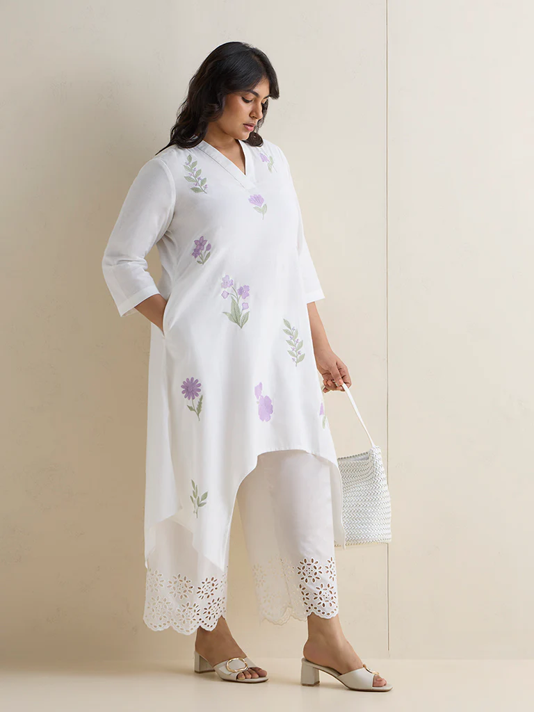 Diza White Floral Pattern Cotton-Blend A-Line Kurta - Image 2