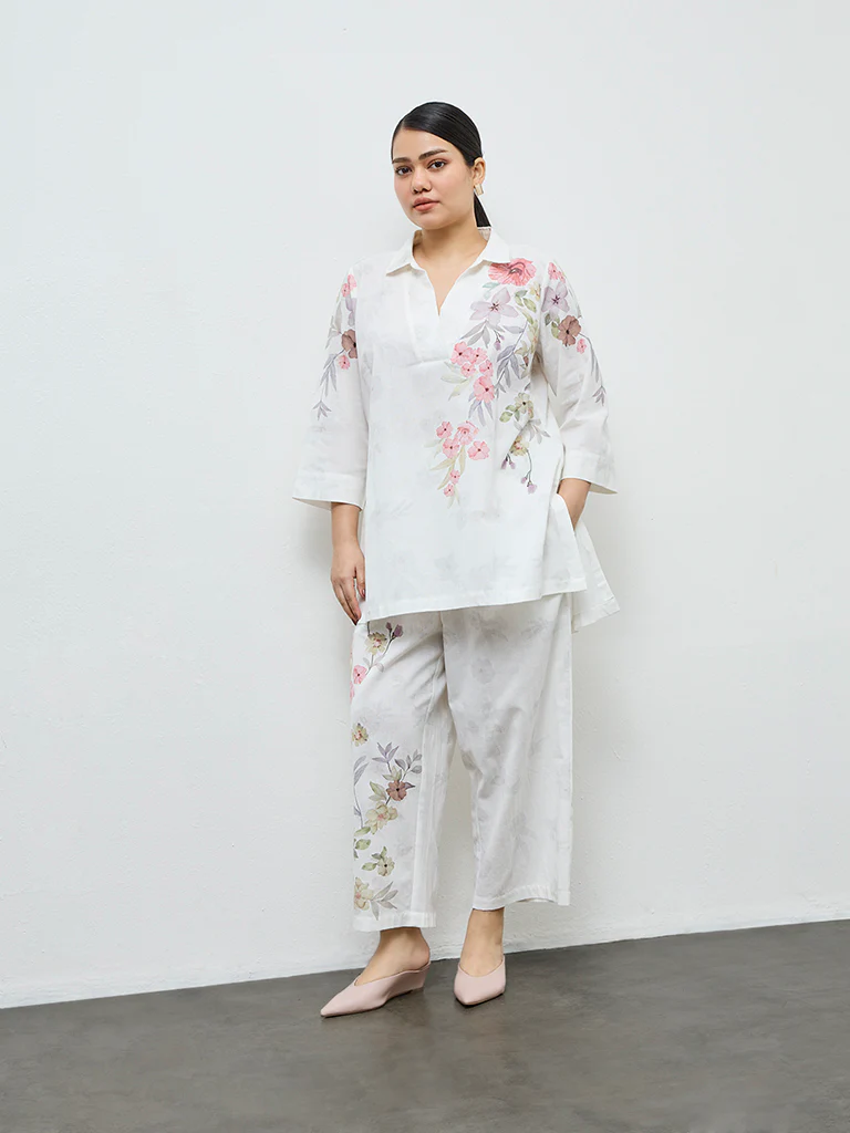 Diza White Floral Pattern High-Low Cotton-Blend Tunic - Image 2