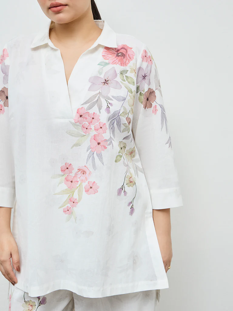 Diza White Floral Pattern High-Low Cotton-Blend Tunic - Image 3