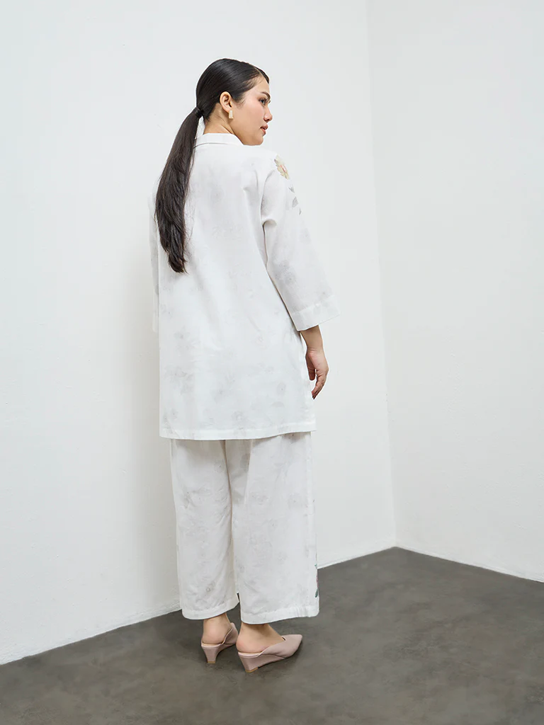 Diza White Floral Pattern High-Low Cotton-Blend Tunic - Image 4
