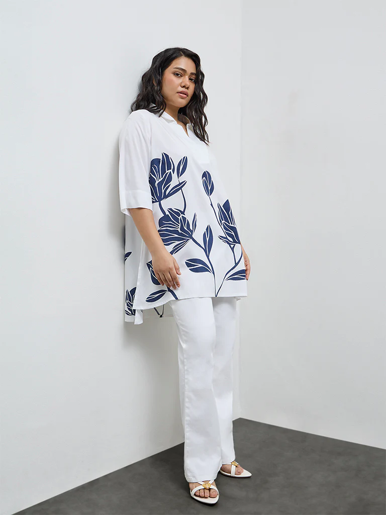 Diza White Floral Pattern High-Low Tunic - Image 2