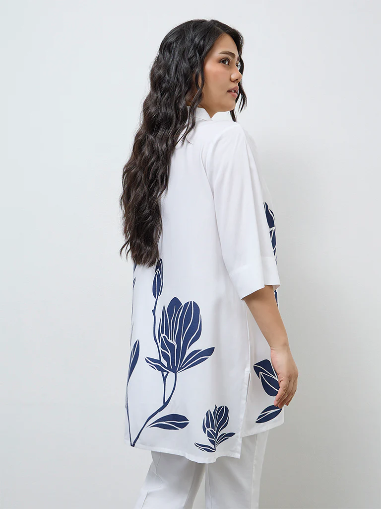 Diza White Floral Pattern High-Low Tunic - Image 4