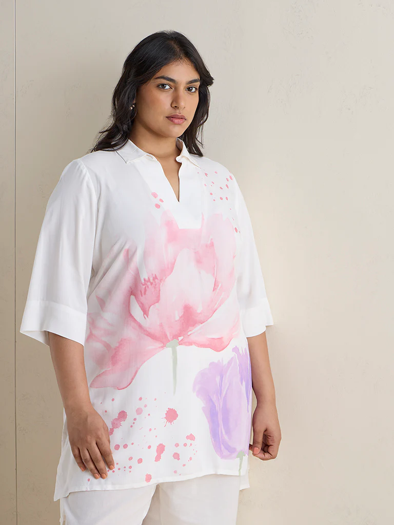Diza White Floral Printed High-Low Tunic