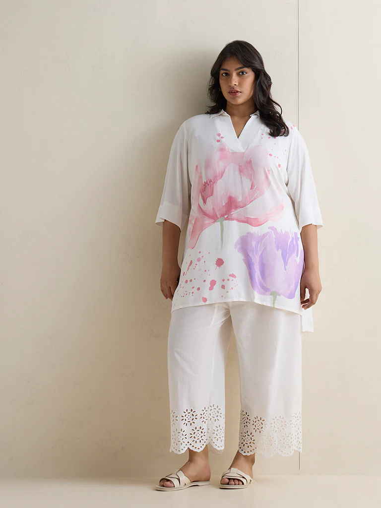 Diza White Floral Printed High-Low Tunic - Image 2