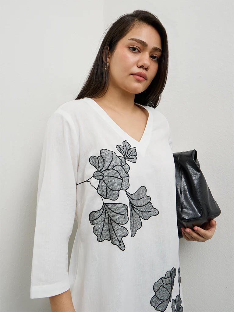 Diza White Foliage Embroidered Cotton A-Line Kurta - Image 3
