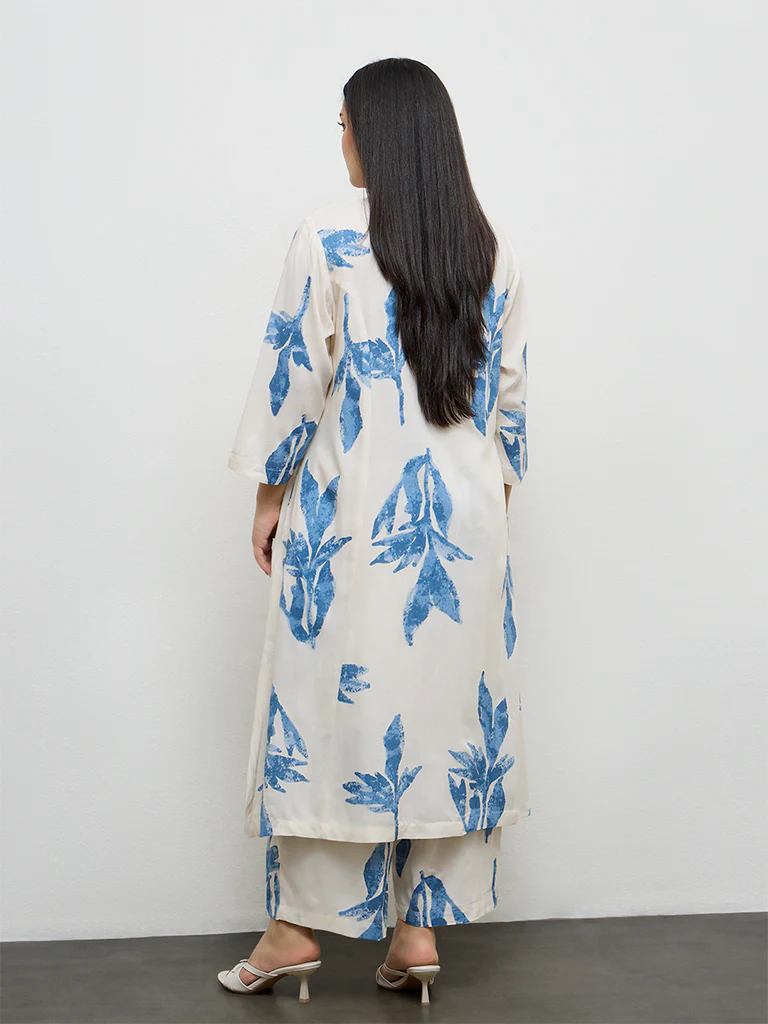 Diza White Foliage Printed A-Line Kurta - Image 4