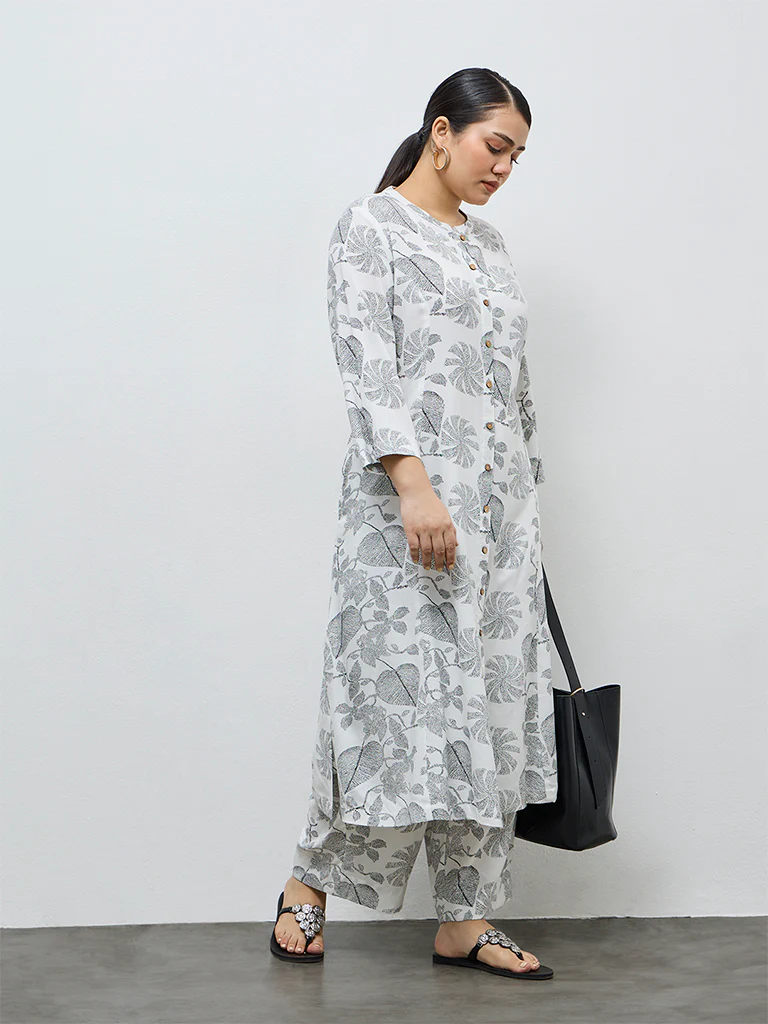 Diza White Leaf Design A-Line Kurta - Image 2