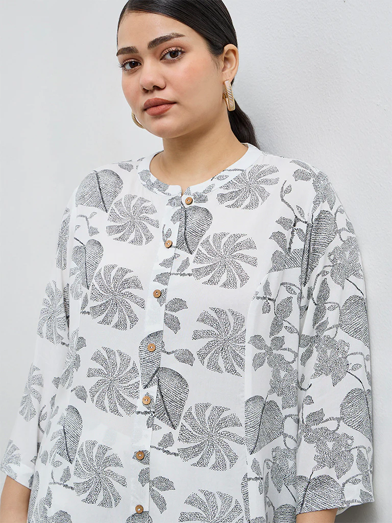 Diza White Leaf Design A-Line Kurta - Image 3