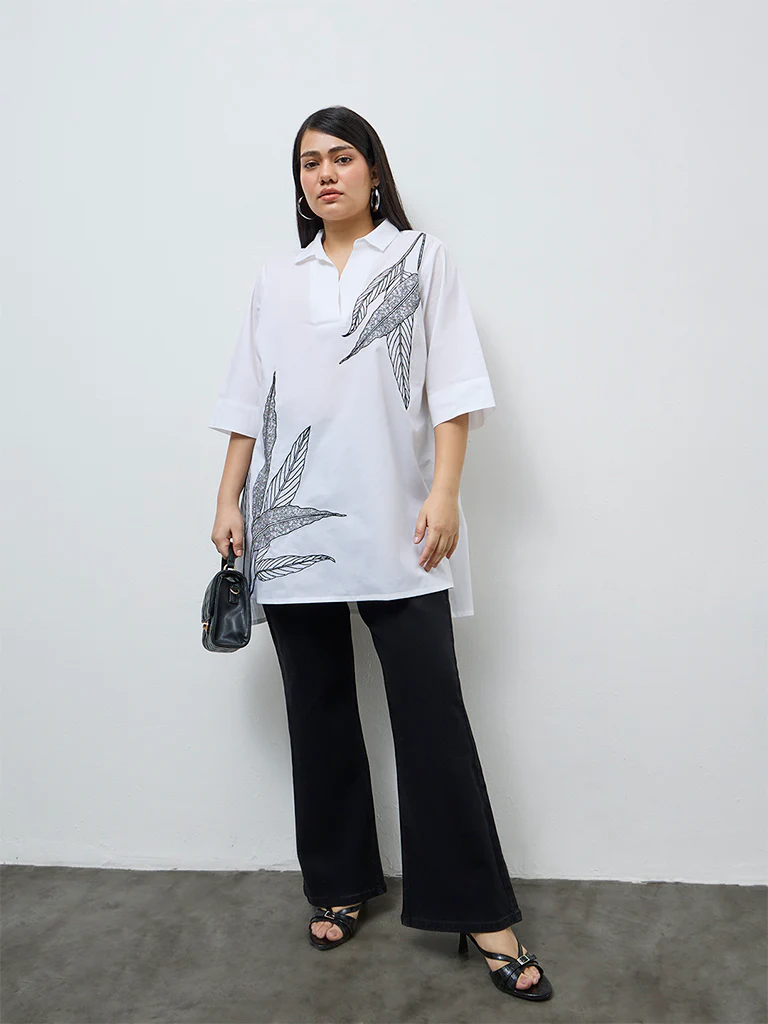 Diza White Leaf Embroidered Cotton Tunic - Image 2