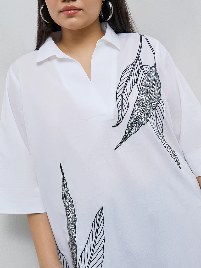 Diza White Leaf Embroidered Cotton Tunic - Image 3