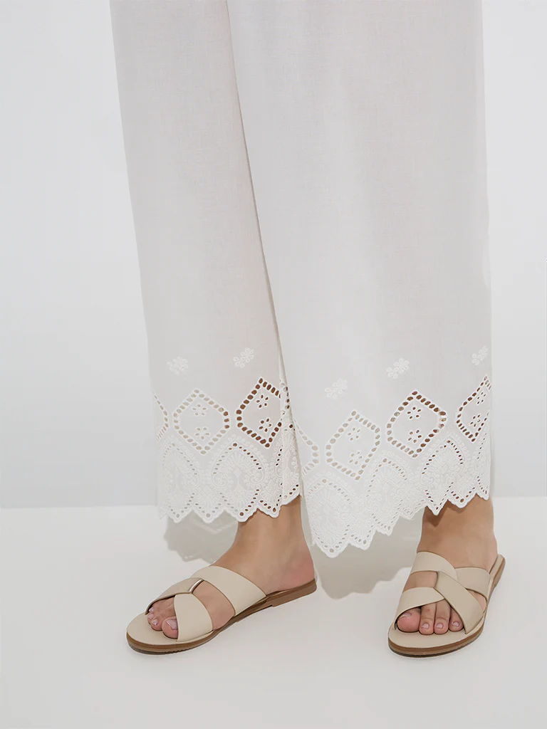 Diza White Schiffli Design Cotton Ethnic Pants - Image 3