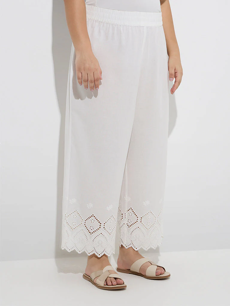 Diza White Schiffli Design Cotton Ethnic Pants - Image 2