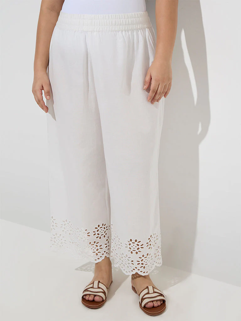 Diza White Schiffli Detailed Cotton Ethnic Pants - Image 2