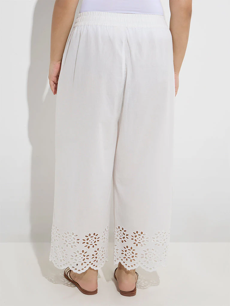 Diza White Schiffli Detailed Cotton Ethnic Pants - Image 4